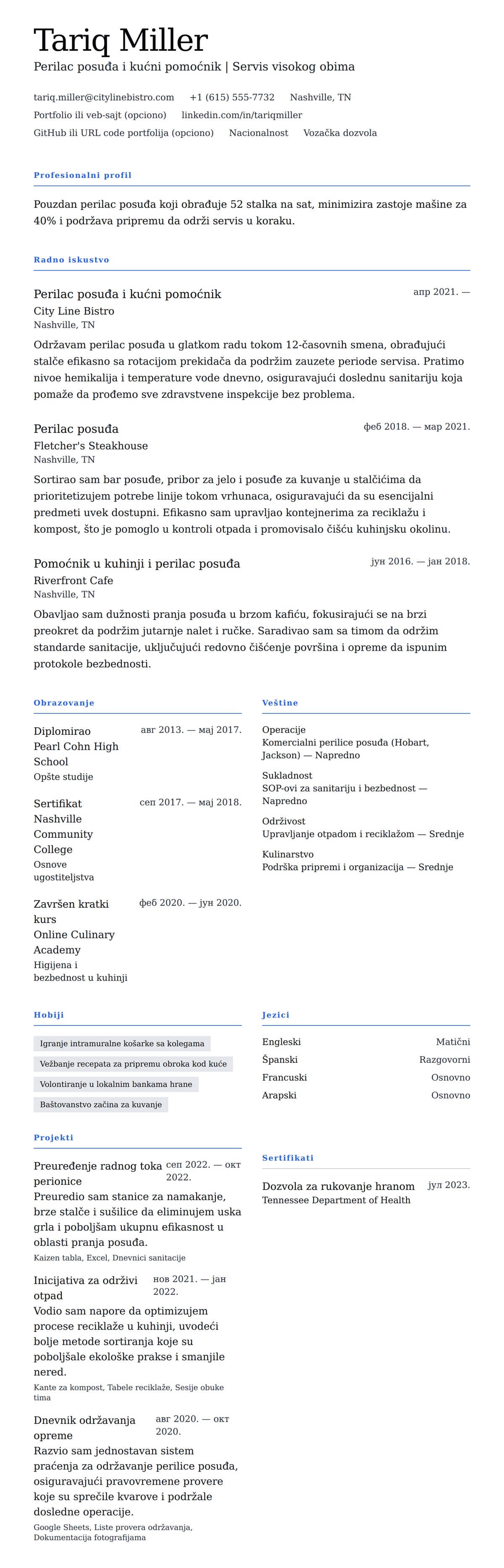 Pregled životopisa za Primer životopisa za perilca posuđa