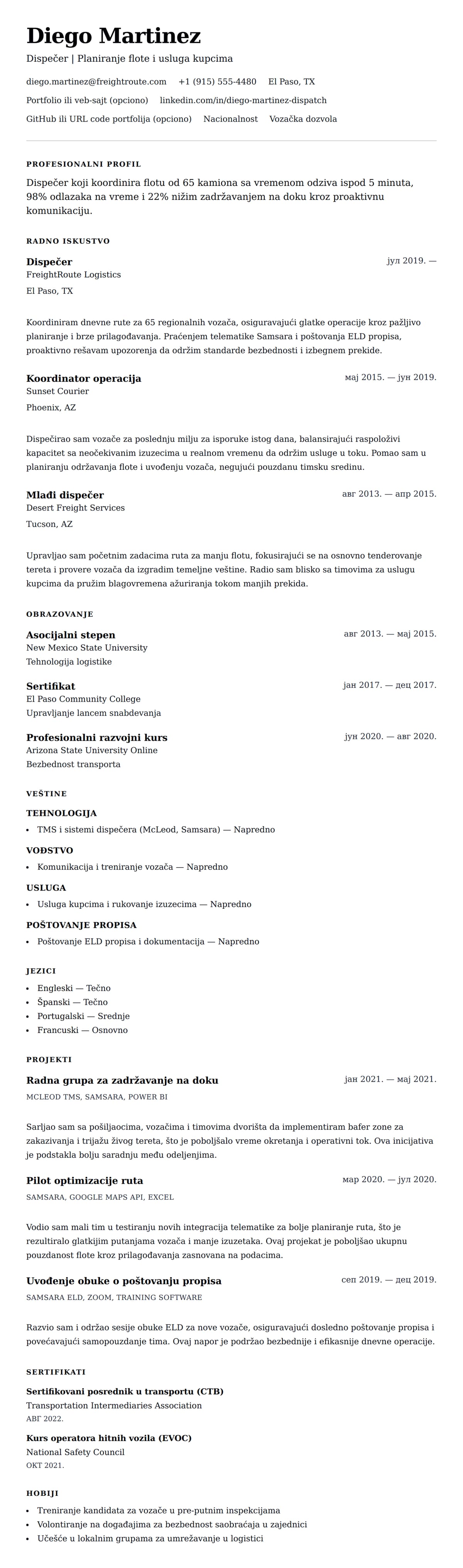 Pregled životopisa za Primer CV-a za dispečera