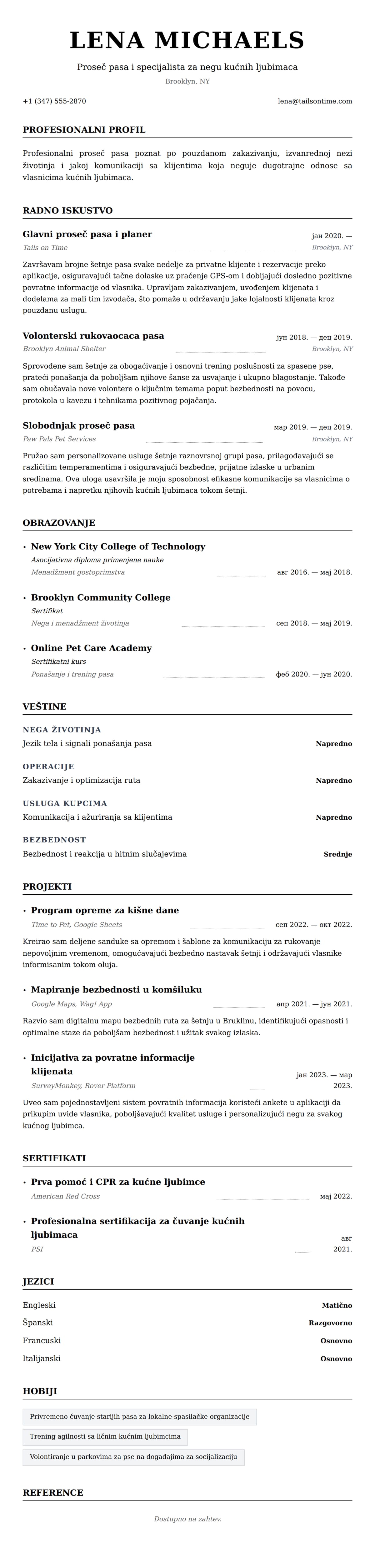 Pregled životopisa za Primer CV-a za proseča pasa