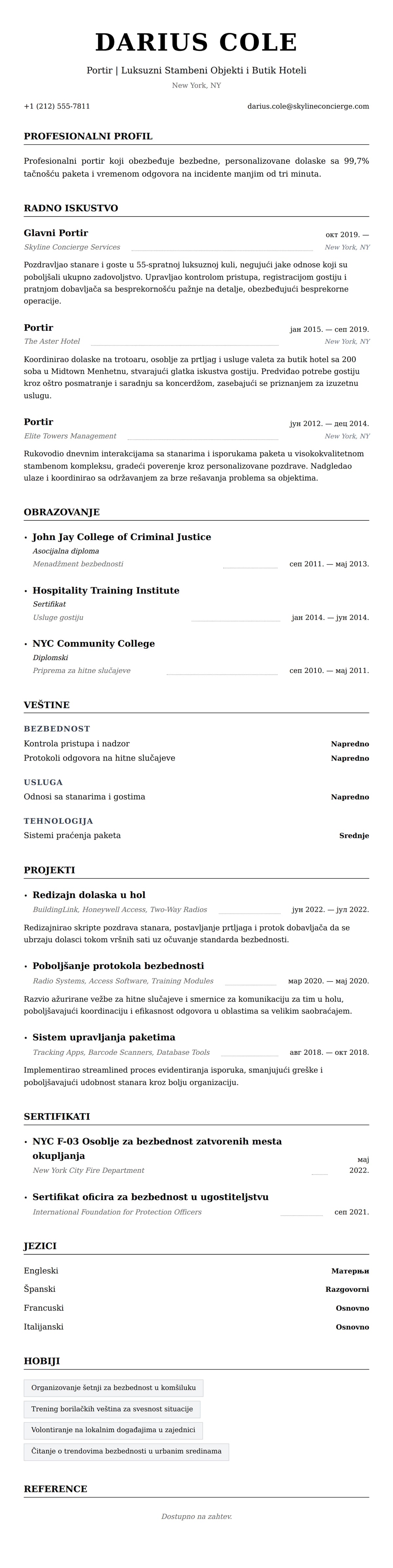 Pregled životopisa za Primer Životopisa za Portira