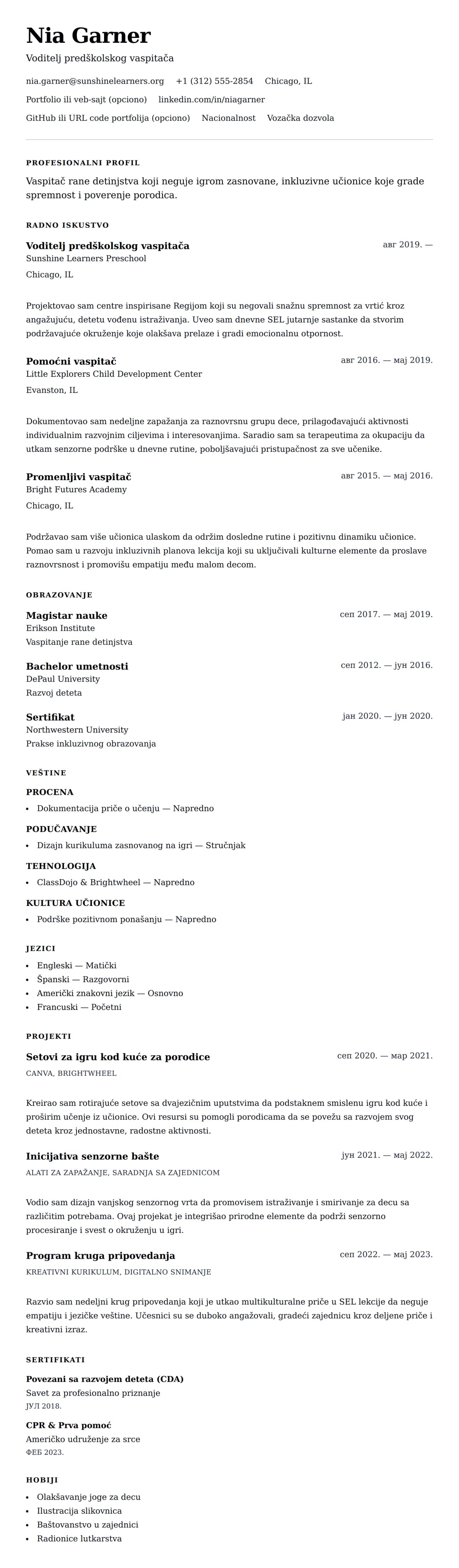 Pregled životopisa za Primer CV-a za vaspitača rane detinjstva