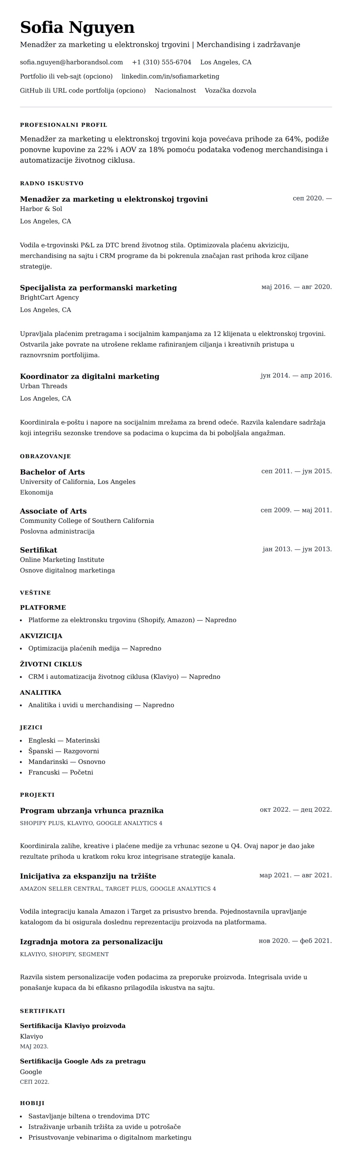 Pregled životopisa za Primer CV-a za menadžera za marketing u elektronskoj trgovini