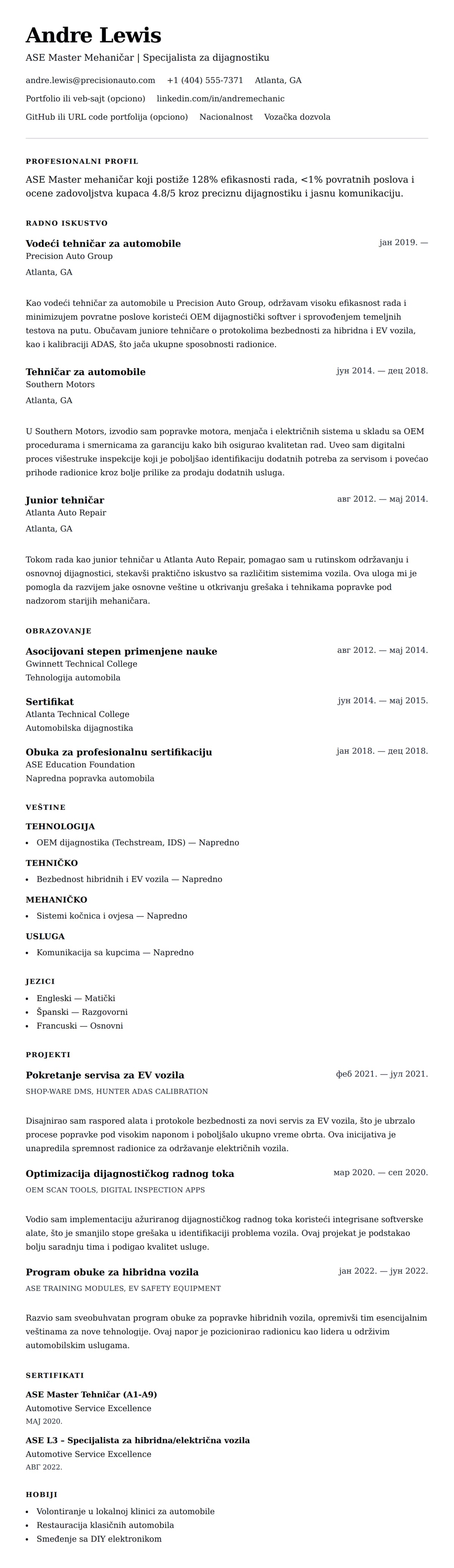 Pregled životopisa za Primer CV-a za mehaničara