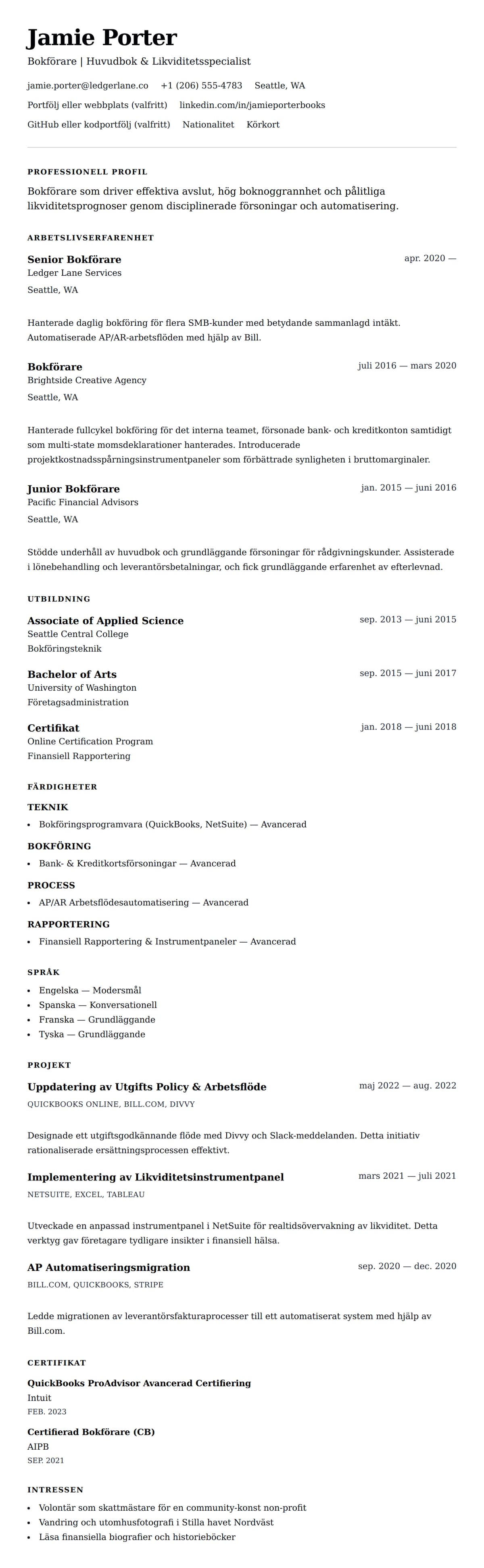 CV-förhandsgranskning för Bokförare CV-exempel