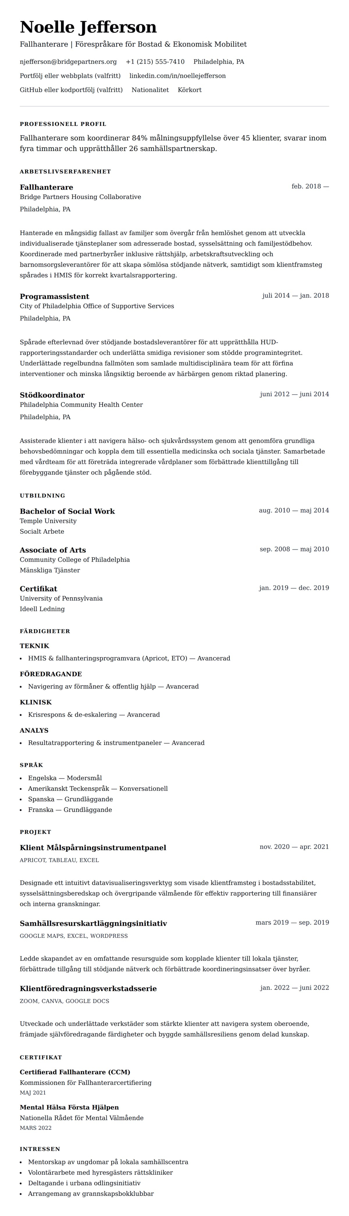 CV-förhandsgranskning för Exempel på CV för Fallhanterare