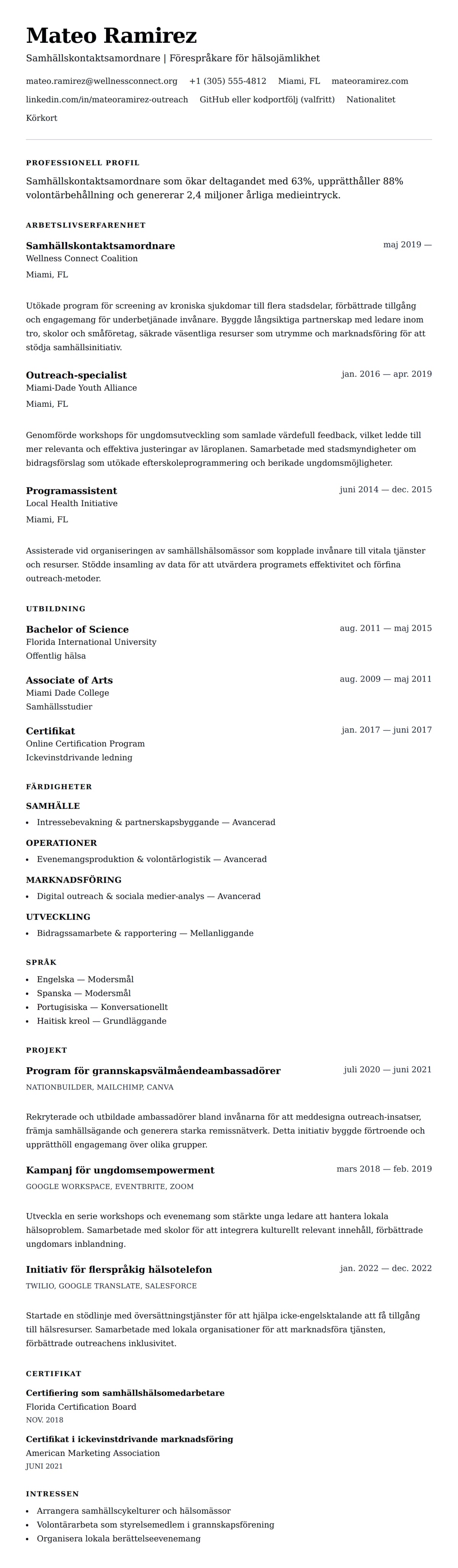 CV-förhandsgranskning för Exempel på CV för samhällskontaktsamordnare