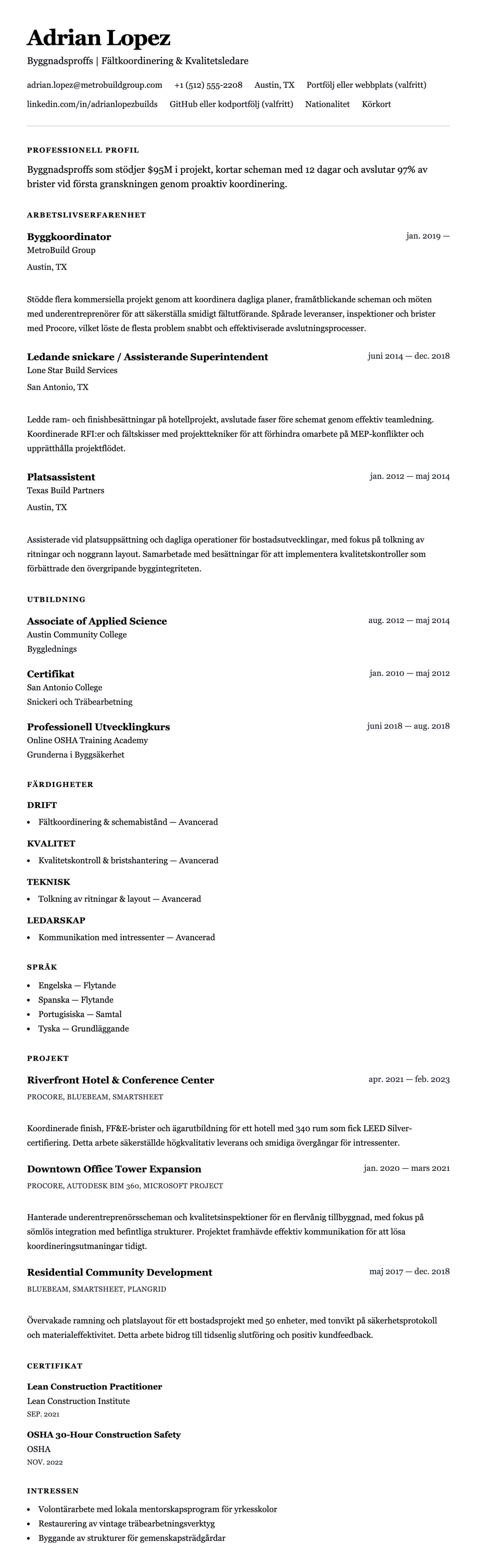 CV-förhandsgranskning för Exempel på CV för Byggnadsproffs