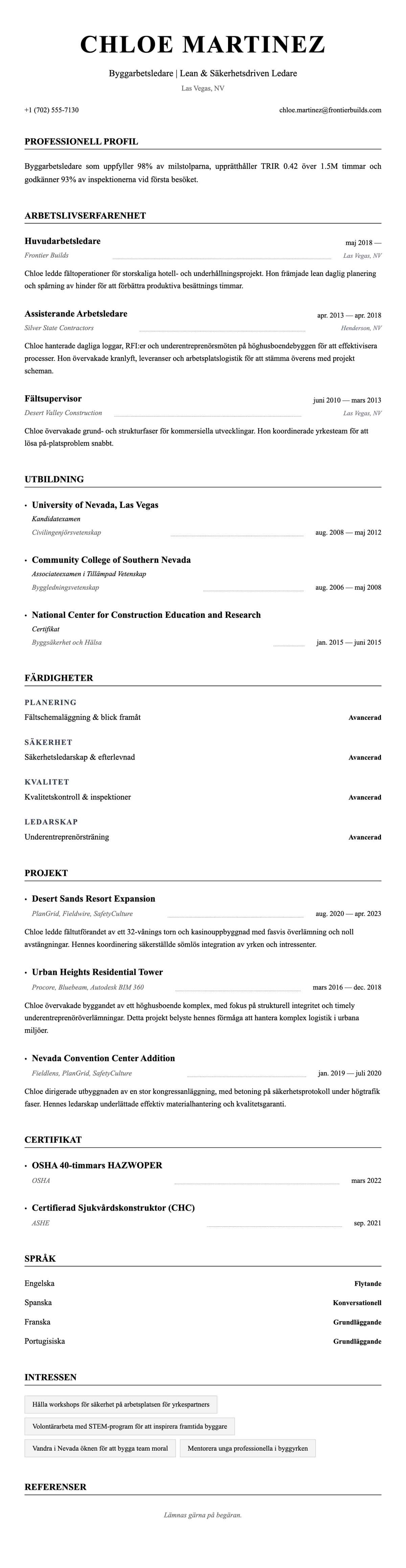 CV-förhandsgranskning för Byggarbetsledare CV-exempel