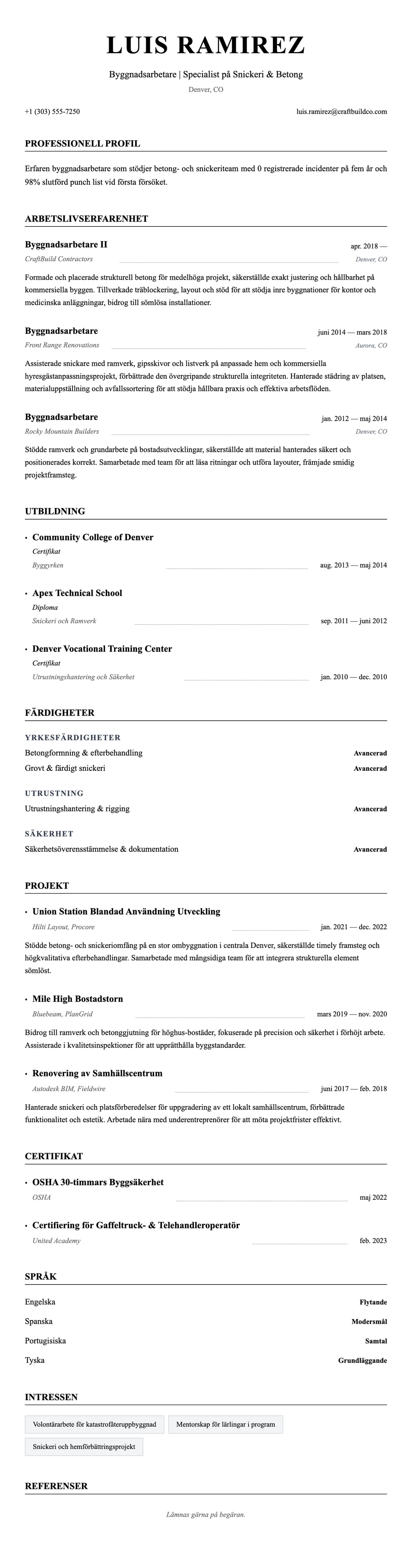 CV-förhandsgranskning för Exempel på CV för Byggnadsarbetare