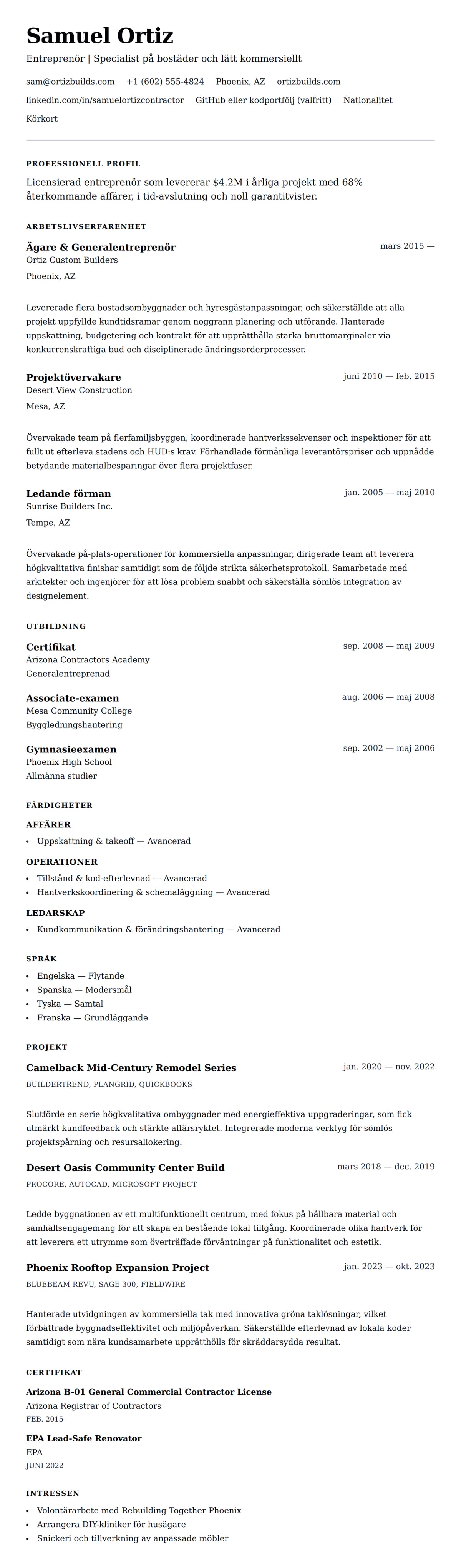 CV-förhandsgranskning för Entreprenör CV-exempel