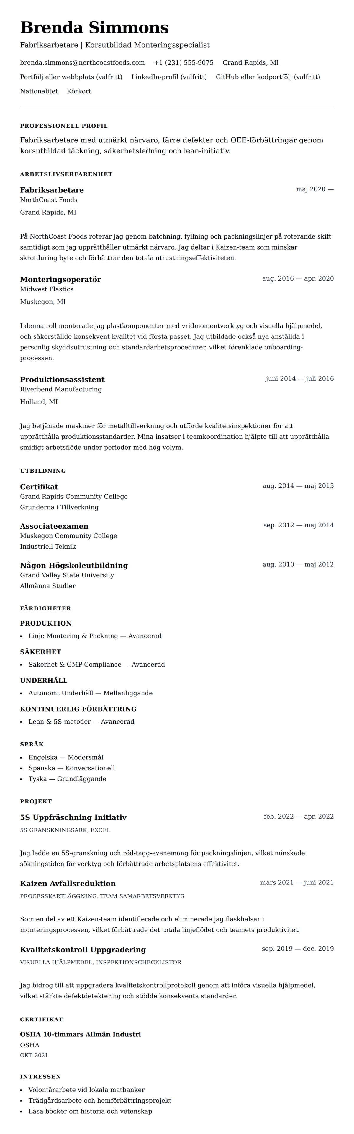 CV-förhandsgranskning för Exempel på CV för Fabriksarbetare