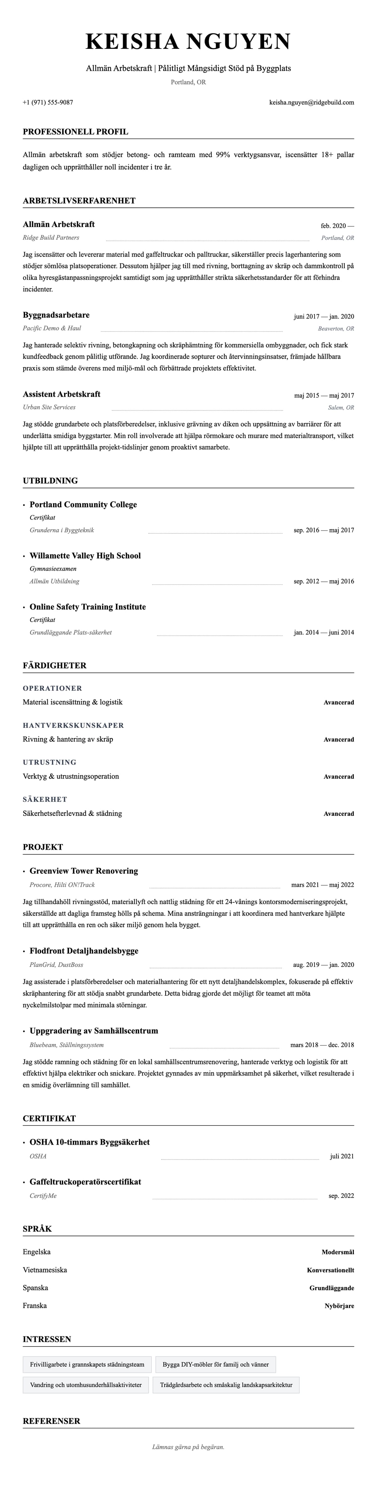 CV-förhandsgranskning för Exempel på CV för Allmän Arbetskraft