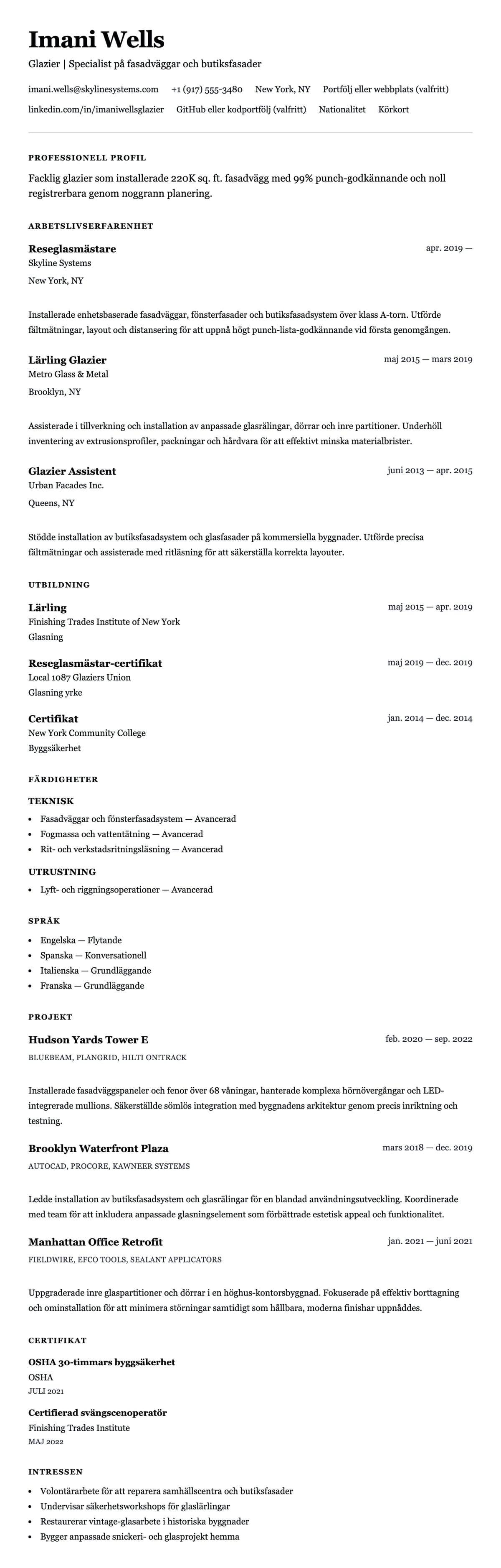 CV-förhandsgranskning för Glazier CV-exempel