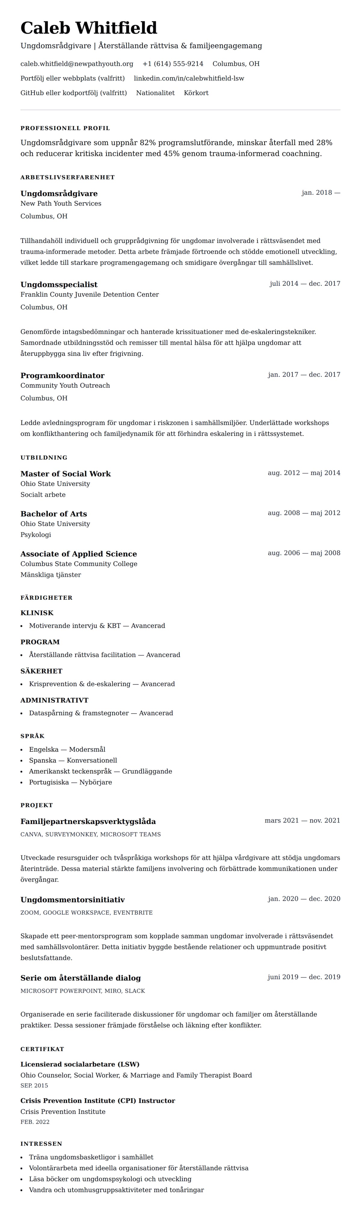 CV-förhandsgranskning för Ungdomsrådgivare CV-exempel
