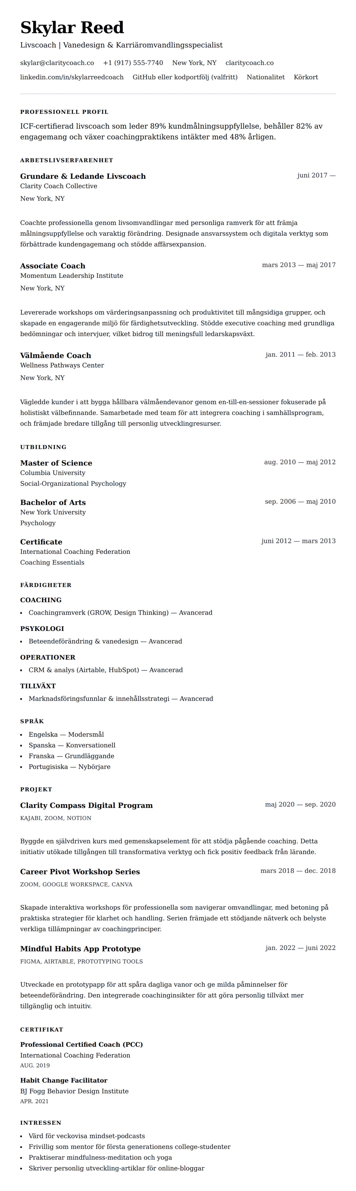 CV-förhandsgranskning för Livscoach CV-exempel
