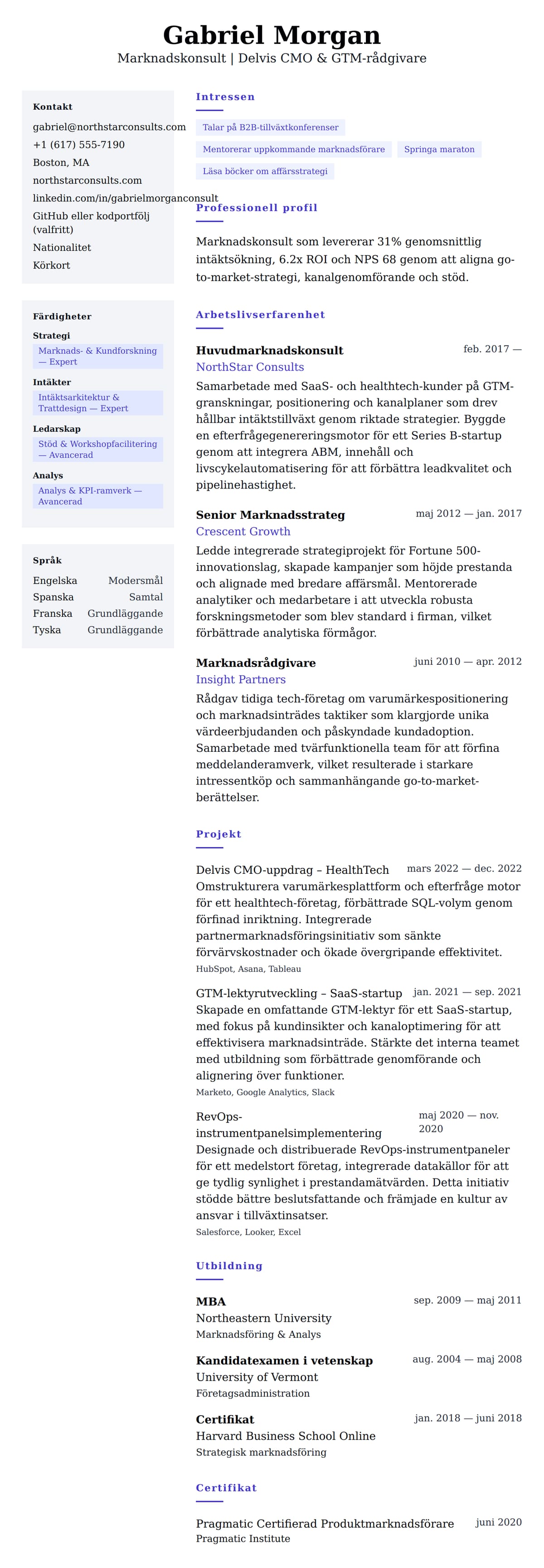CV-förhandsgranskning för Exempel på CV för Marknadskonsult