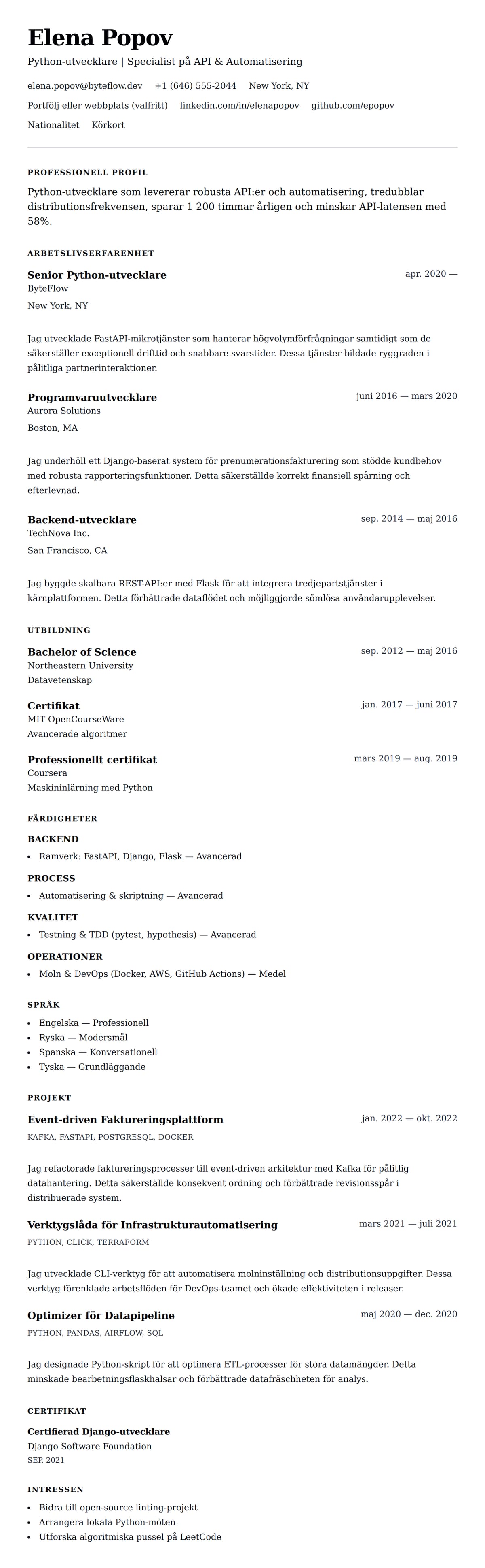 CV-förhandsgranskning för Exempel på CV för Python-utvecklare