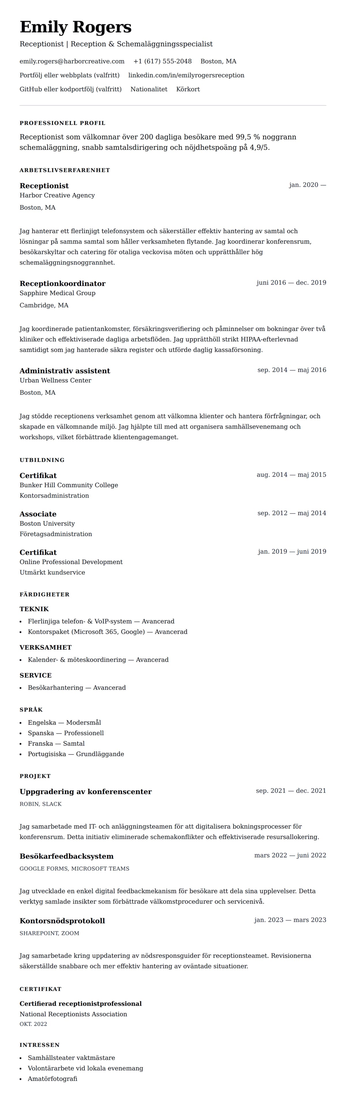 CV-förhandsgranskning för Receptionist CV-exempel