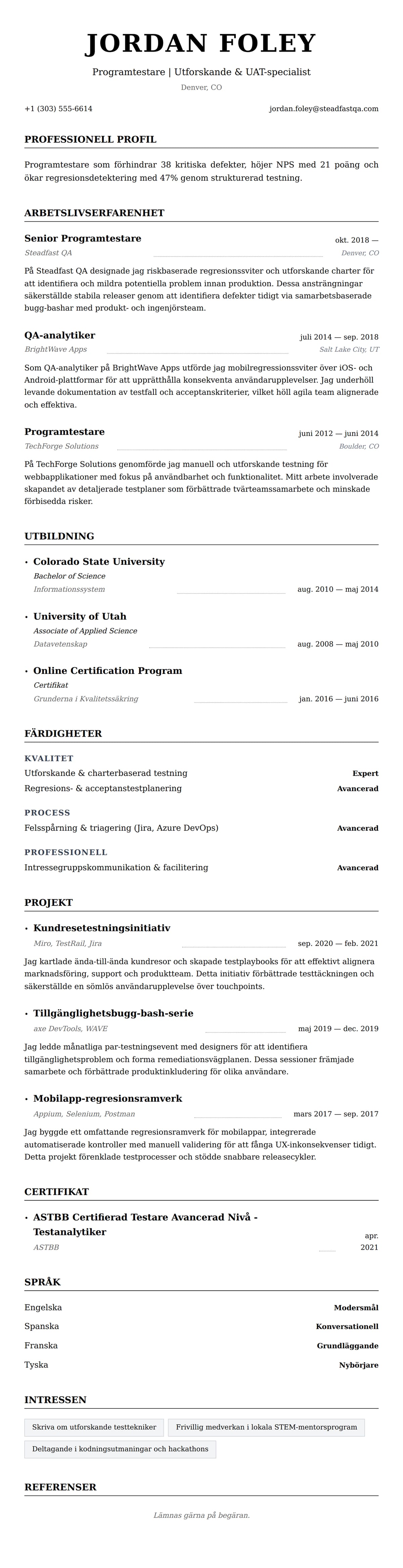 CV-förhandsgranskning för Programtestare CV-exempel