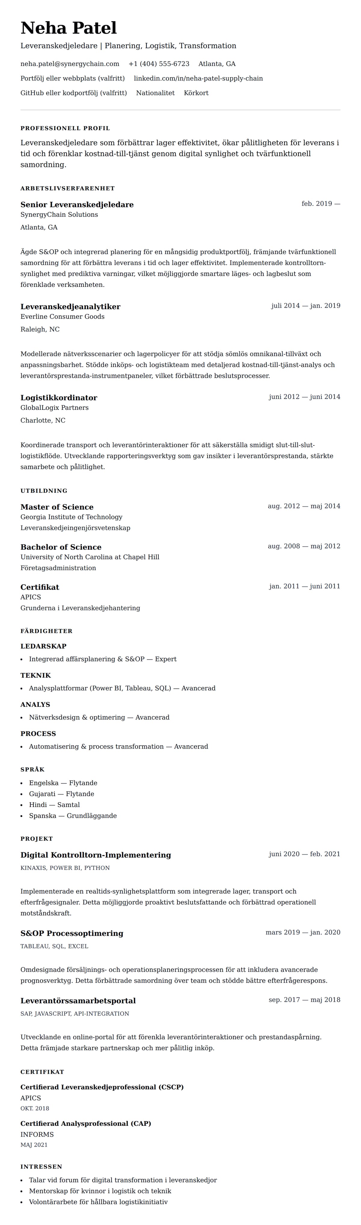 CV-förhandsgranskning för Exempel på CV för Leveranskedjeprofessional