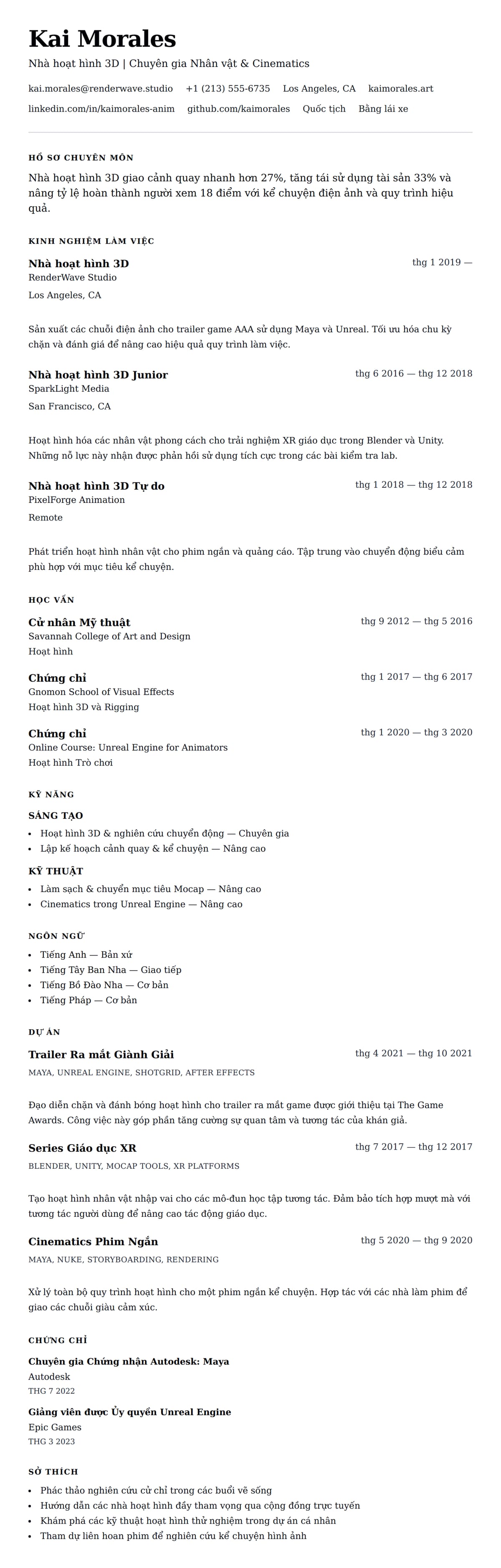 Xem trước CV cho Ví dụ Sơ yếu lý lịch Nhà hoạt hình 3D