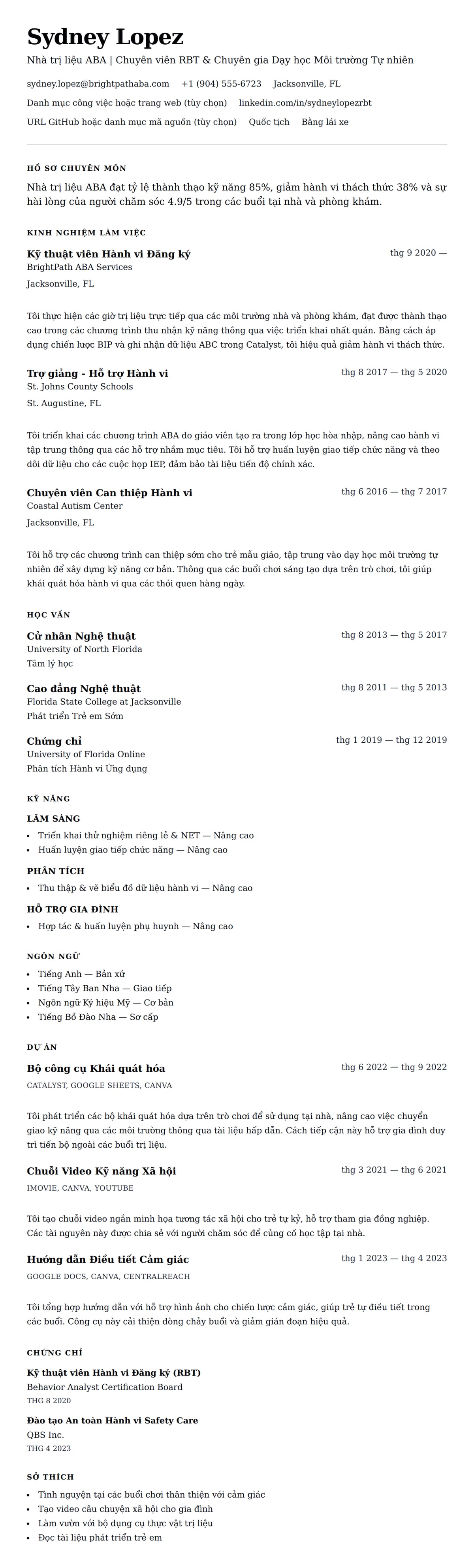 Xem trước CV cho Ví dụ Sơ yếu lý lịch Nhà trị liệu ABA