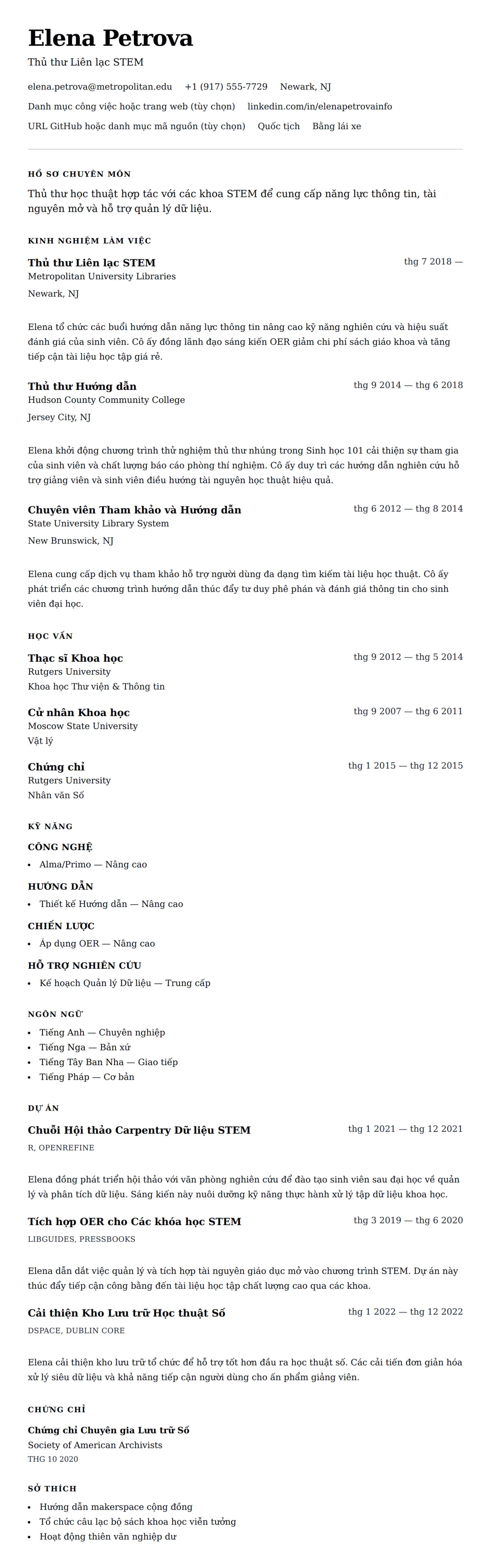 Xem trước CV cho Ví dụ Sơ yếu lý lịch Thủ thư Học thuật