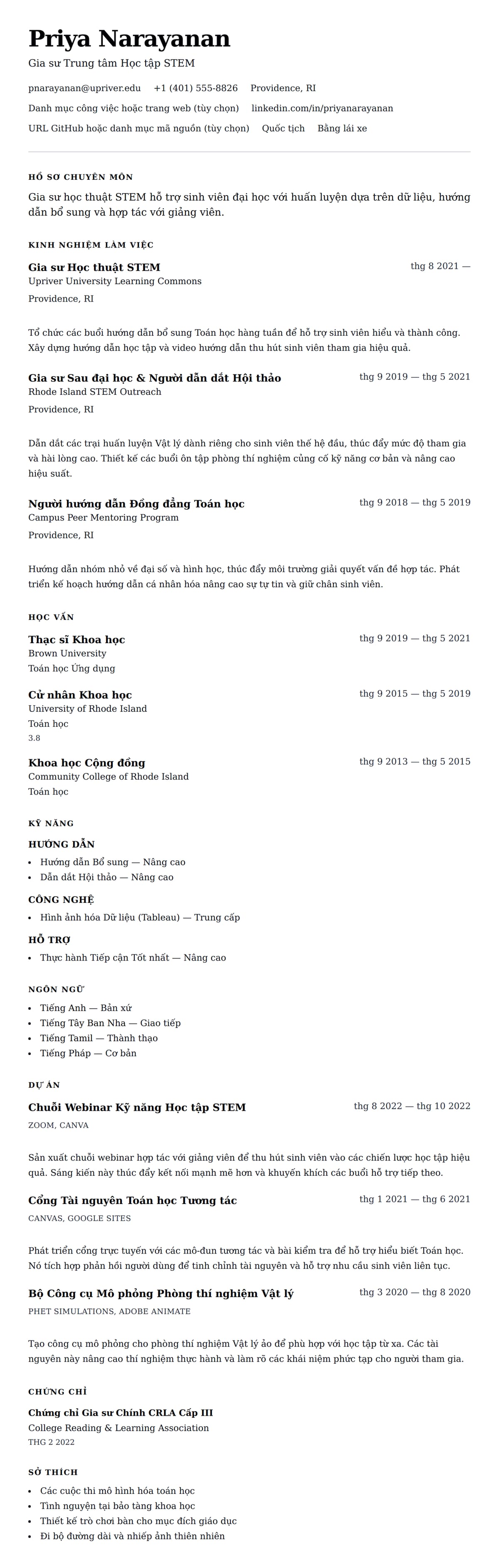 Xem trước CV cho Ví dụ Sơ yếu lý lịch Gia sư Học thuật