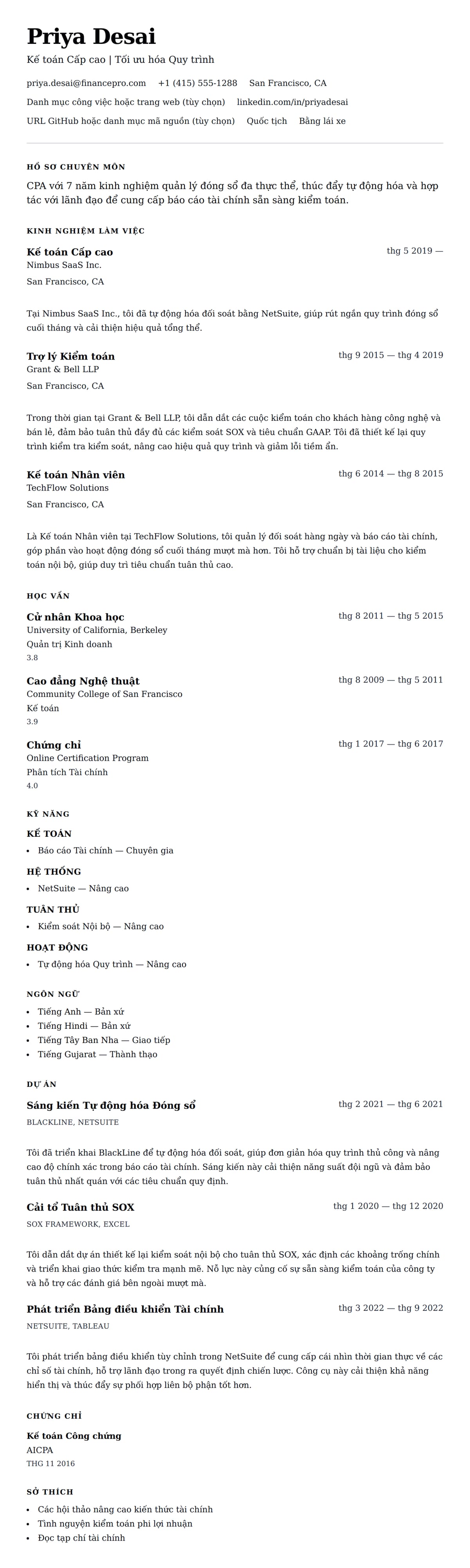 Xem trước CV cho Ví dụ Sơ yếu lý lịch Kế toán