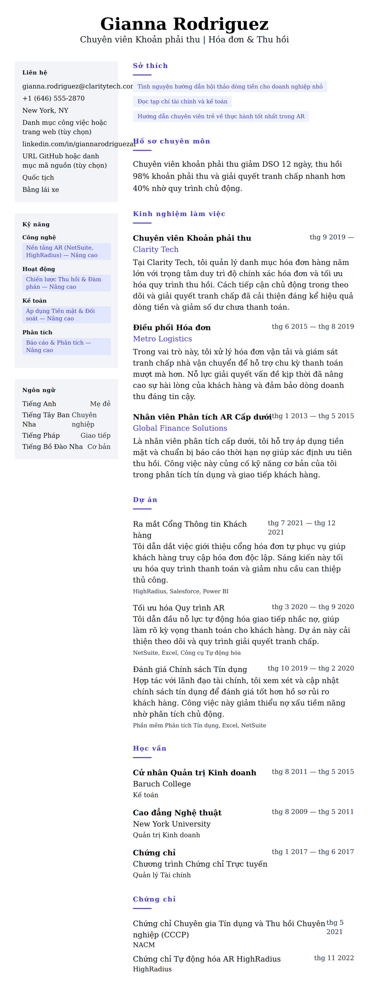 Xem trước CV cho Ví dụ Sơ yếu lý lịch Chuyên viên Khoản phải thu