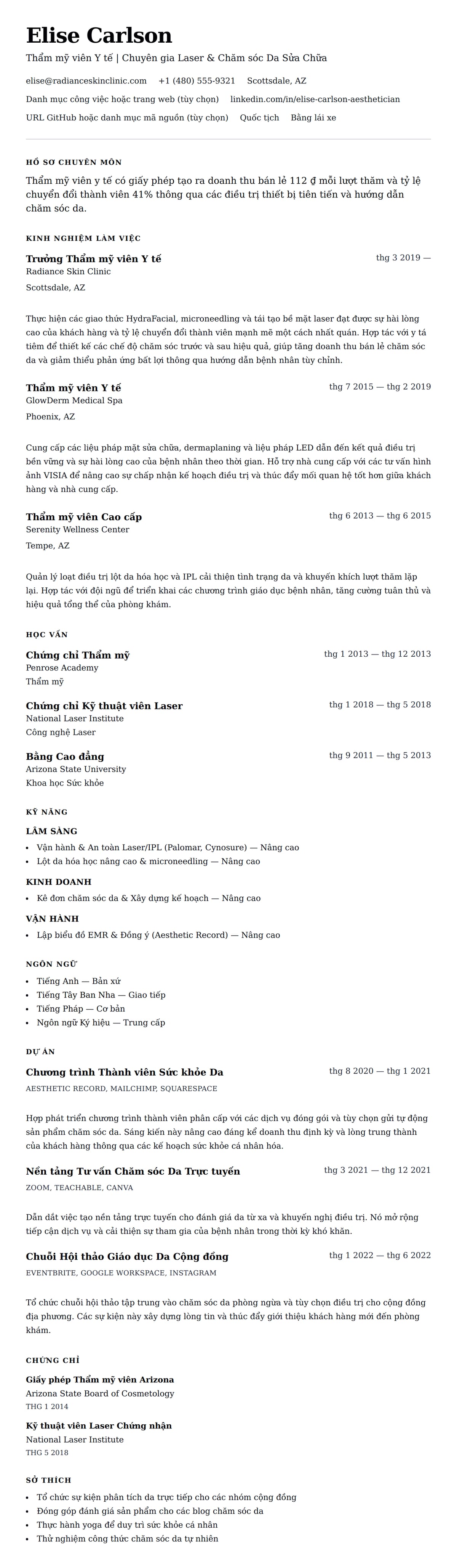 Xem trước CV cho Ví dụ Sơ yếu lý lịch Thẩm mỹ viên Y tế