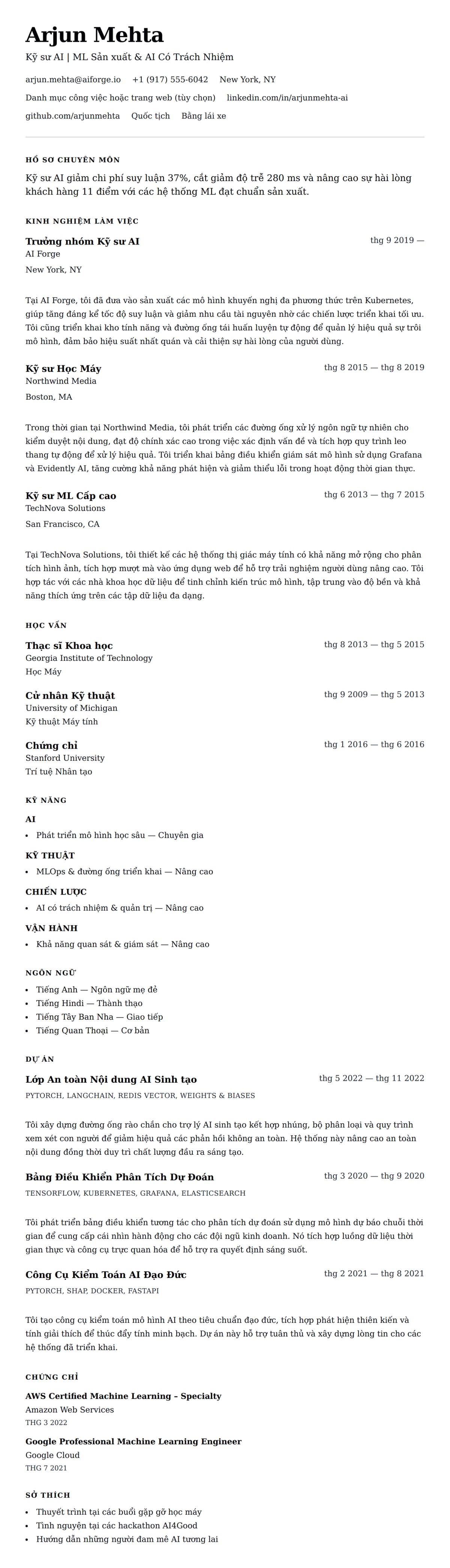 Xem trước CV cho Ví dụ Sơ yếu lý lịch Kỹ sư AI