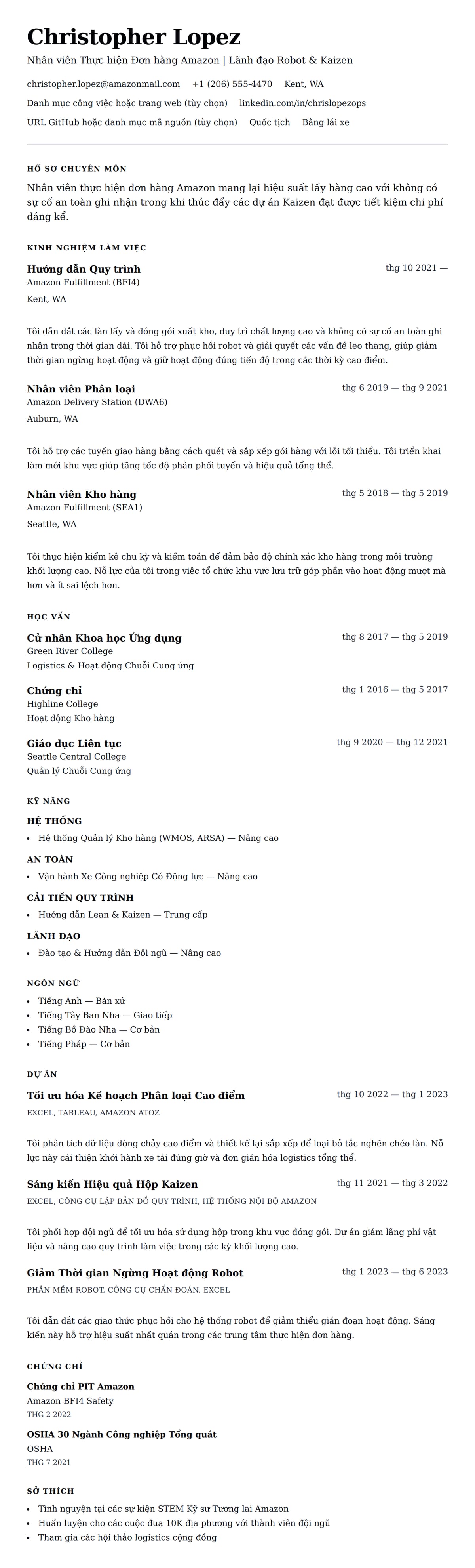 Xem trước CV cho Ví dụ Sơ yếu lý lịch Nhân viên Amazon