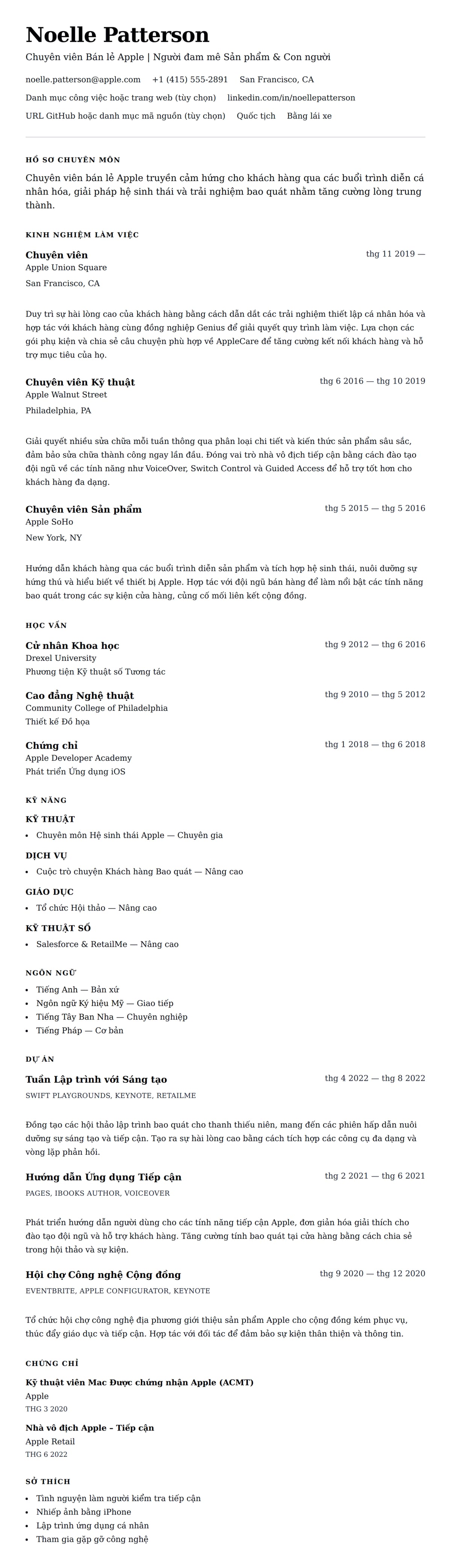 Xem trước CV cho Mẫu Sơ yếu lý lịch Chuyên viên Bán lẻ Apple