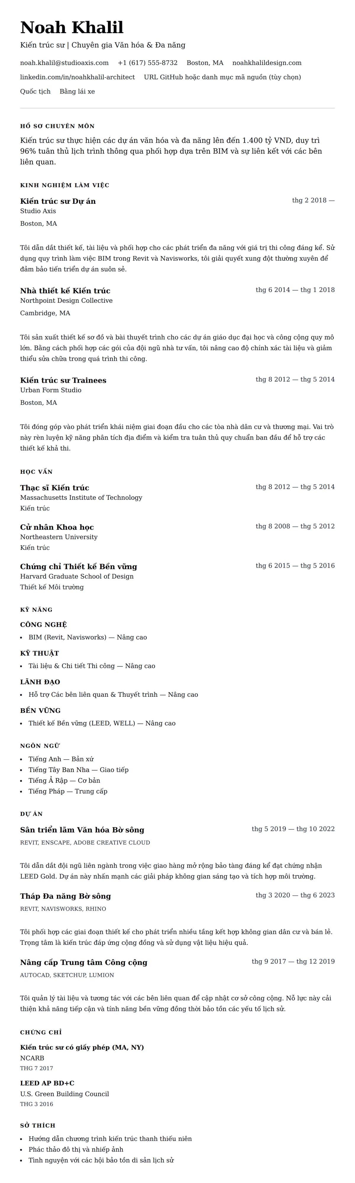Xem trước CV cho Ví dụ Sơ yếu lý lịch Kiến trúc sư
