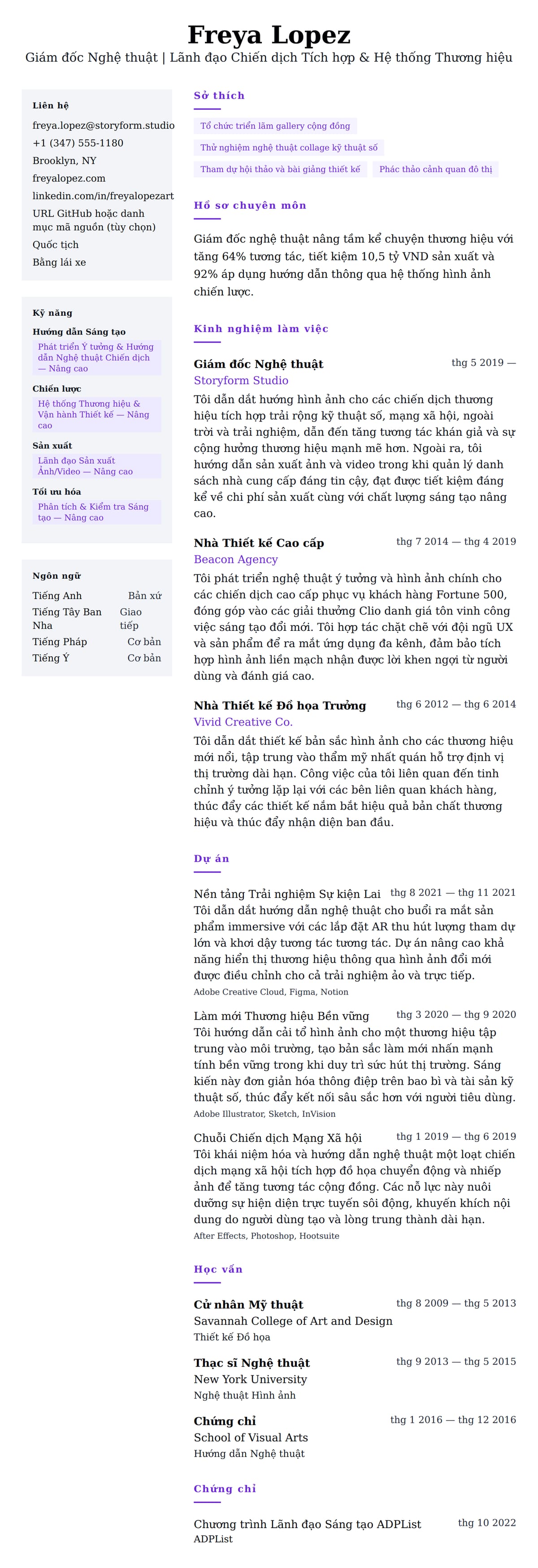 Xem trước CV cho Ví dụ Sơ yếu lý lịch Giám đốc Nghệ thuật