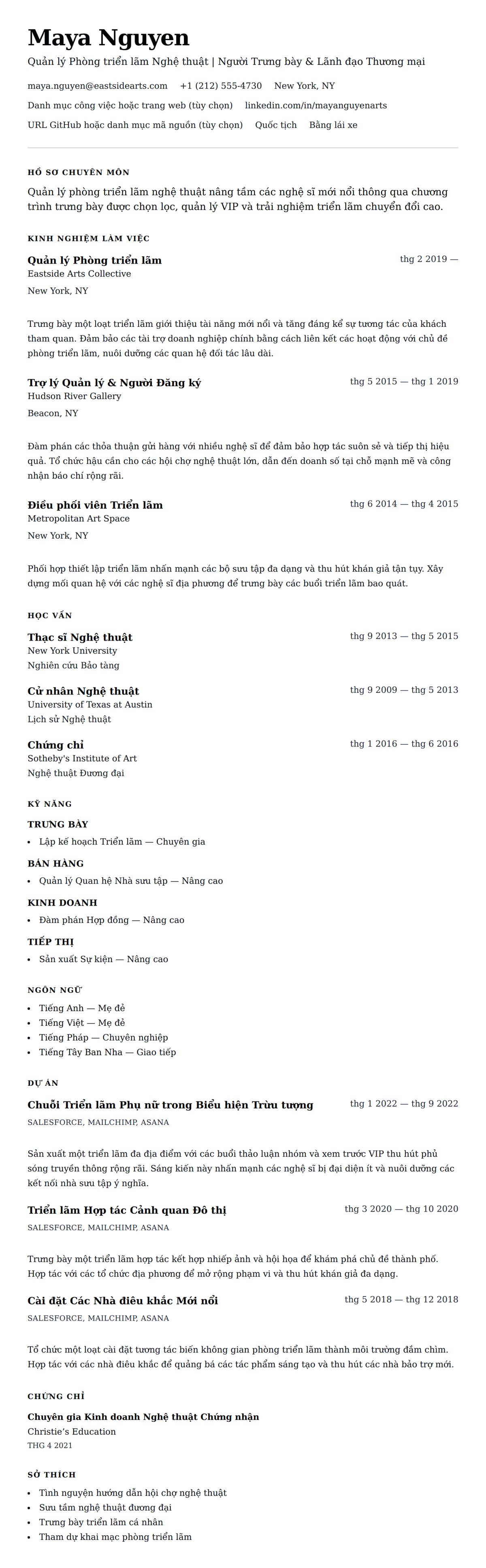 Xem trước CV cho Ví dụ Sơ yếu lý lịch Quản lý Phòng triển lãm Nghệ thuật