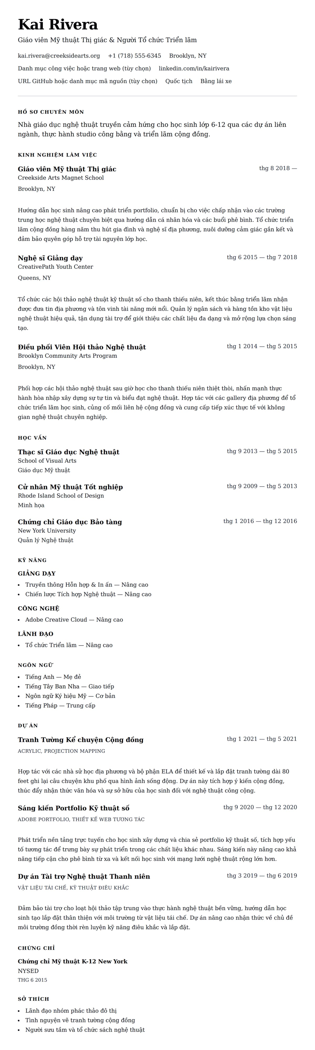 Xem trước CV cho Ví dụ Sơ yếu lý lịch Giáo viên Mỹ thuật