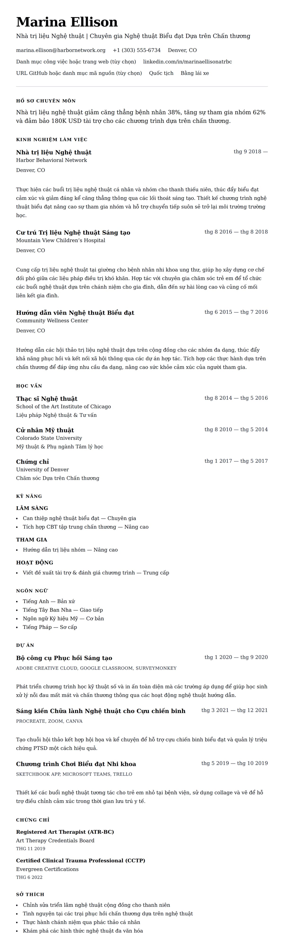 Xem trước CV cho Ví dụ Sơ yếu lý lịch Nhà trị liệu nghệ thuật