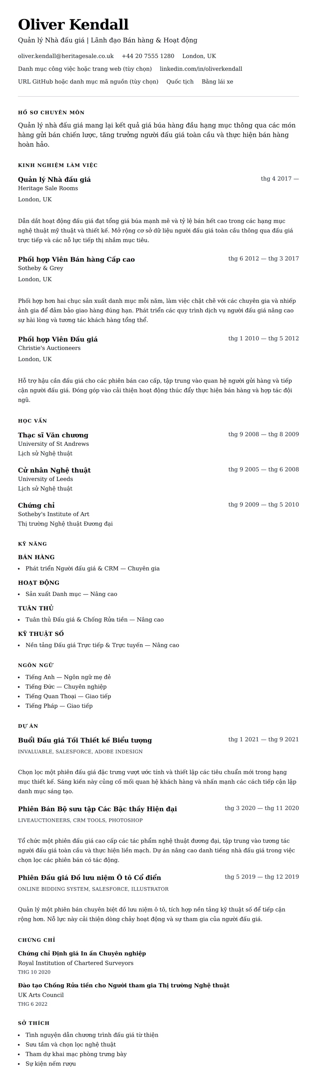 Xem trước CV cho Ví dụ Sơ yếu lý lịch Quản lý Nhà đấu giá