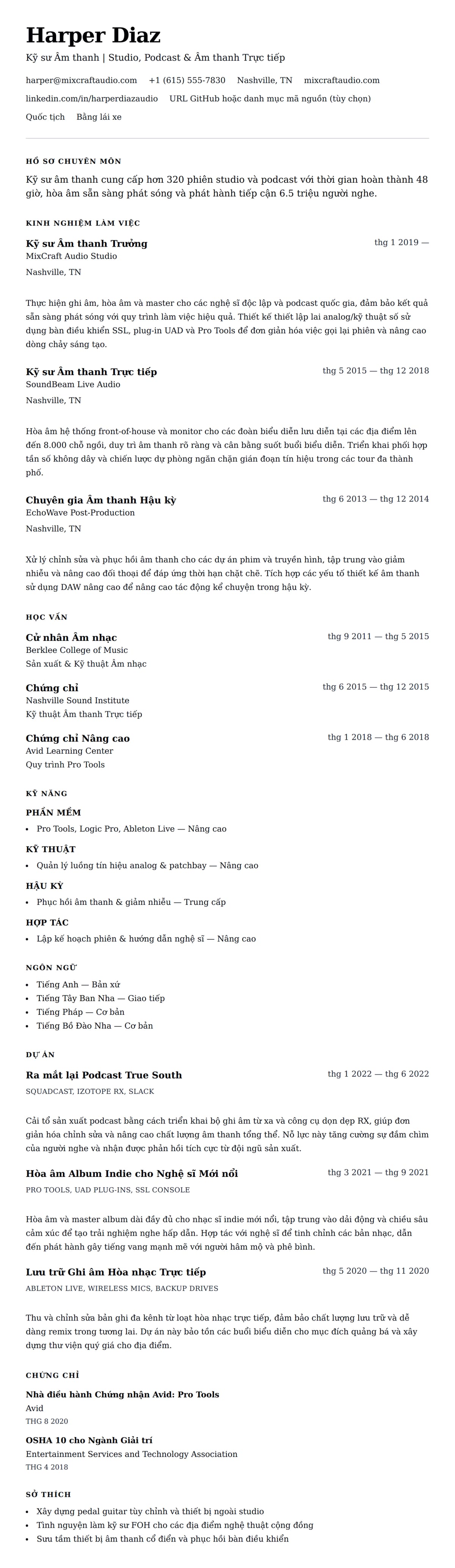 Xem trước CV cho Ví dụ Sơ yếu lý lịch Kỹ sư Âm thanh