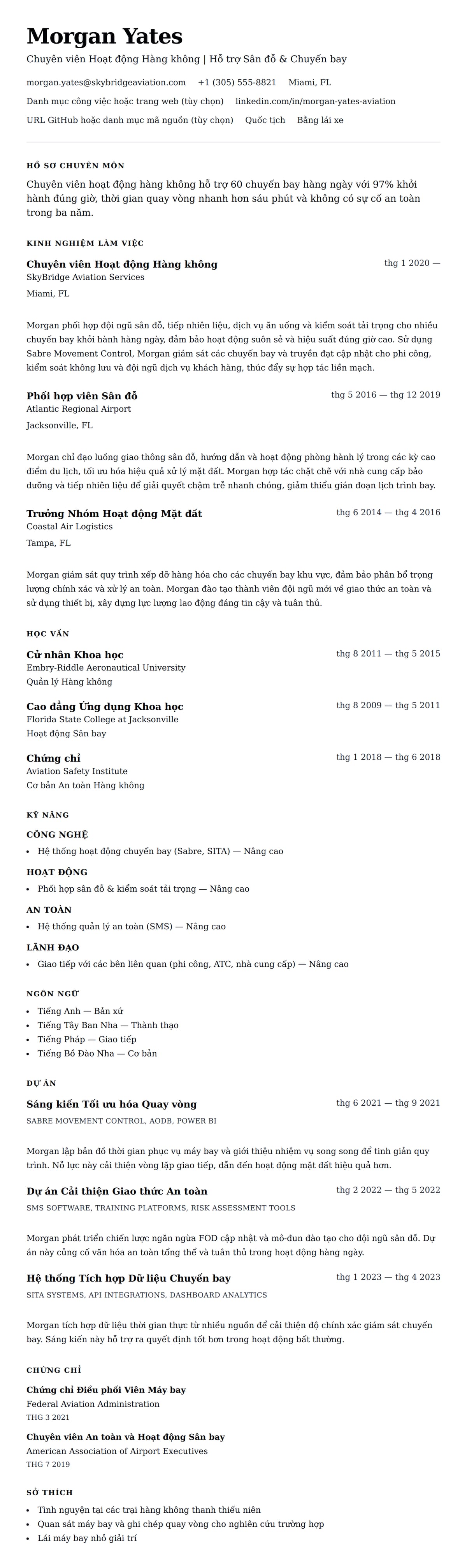 Xem trước CV cho Ví dụ Sơ yếu lý lịch Chuyên viên Hoạt động Hàng không