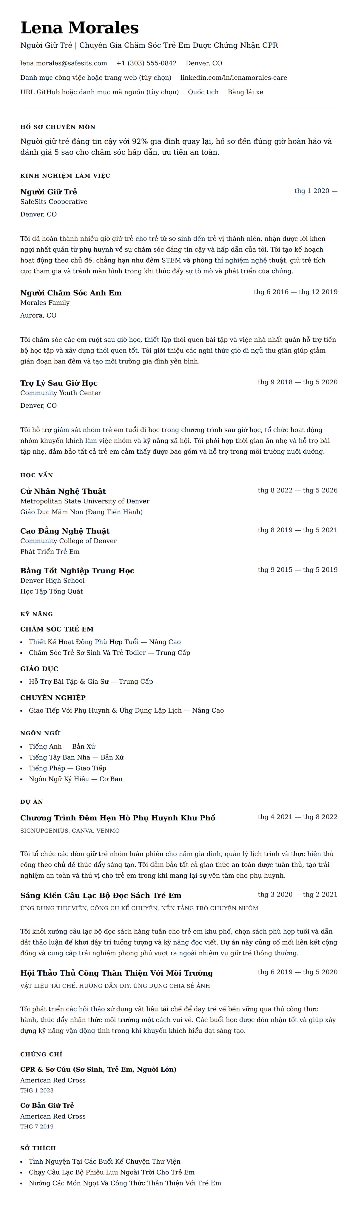 Xem trước CV cho Mẫu Sơ Yếu Lý Lịch Người Giữ Trẻ