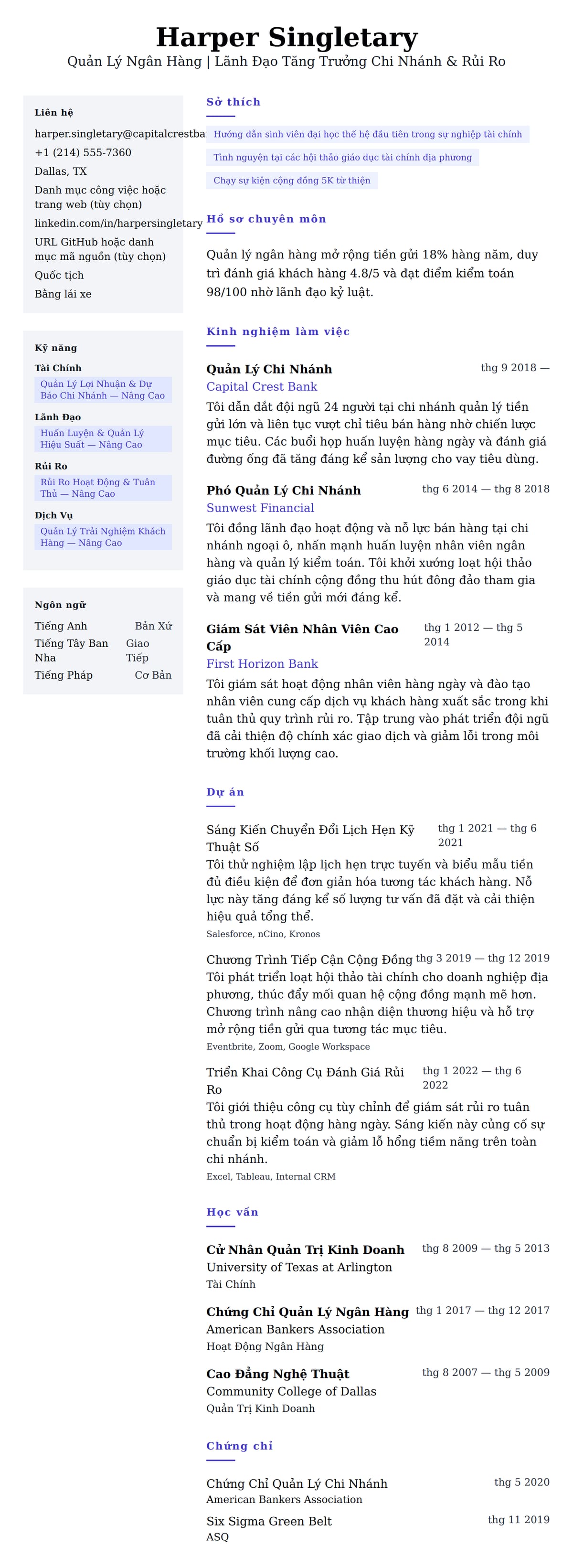 Xem trước CV cho Ví Dụ Sơ Yếu Lý Lịch Quản Lý Ngân Hàng