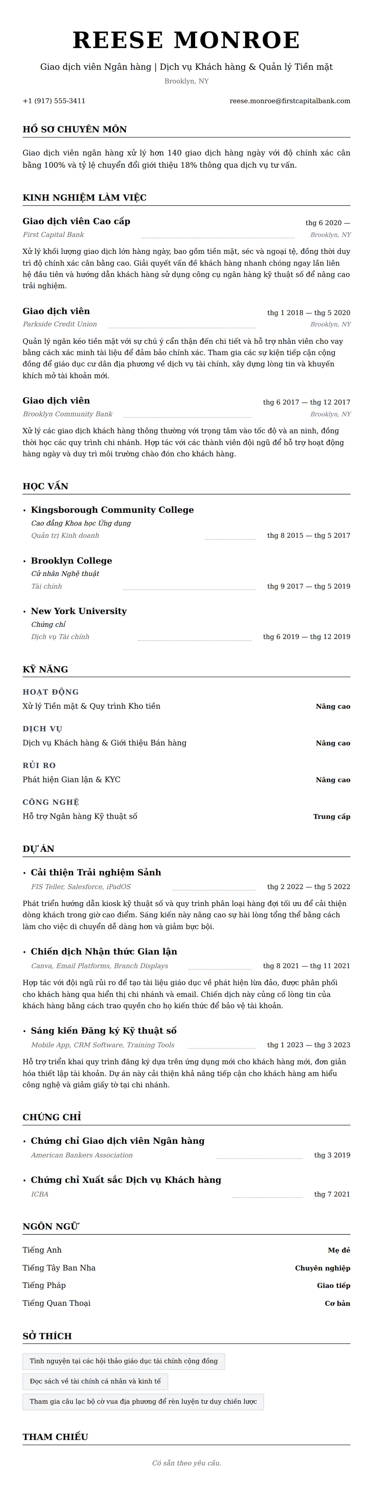 Xem trước CV cho Ví dụ Sơ yếu lý lịch Giao dịch viên Ngân hàng