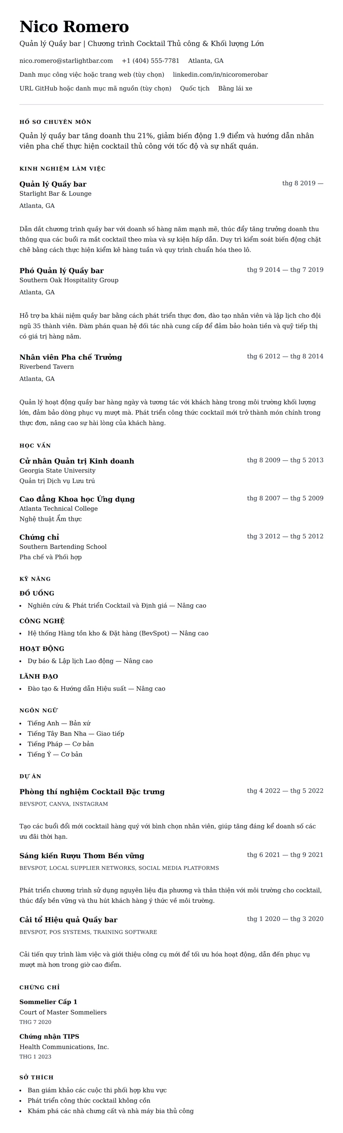 Xem trước CV cho Ví dụ Sơ yếu lý lịch Quản lý Quầy bar