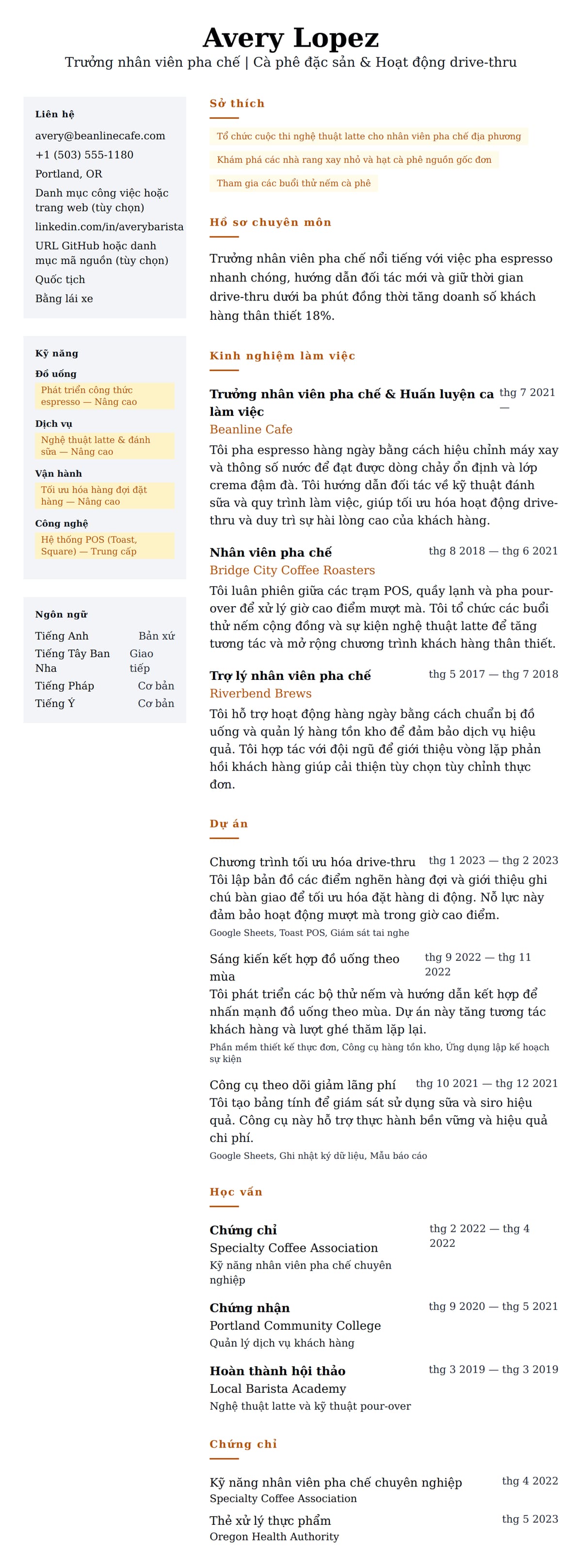 Xem trước CV cho Ví dụ sơ yếu lý lịch nhân viên pha chế cà phê