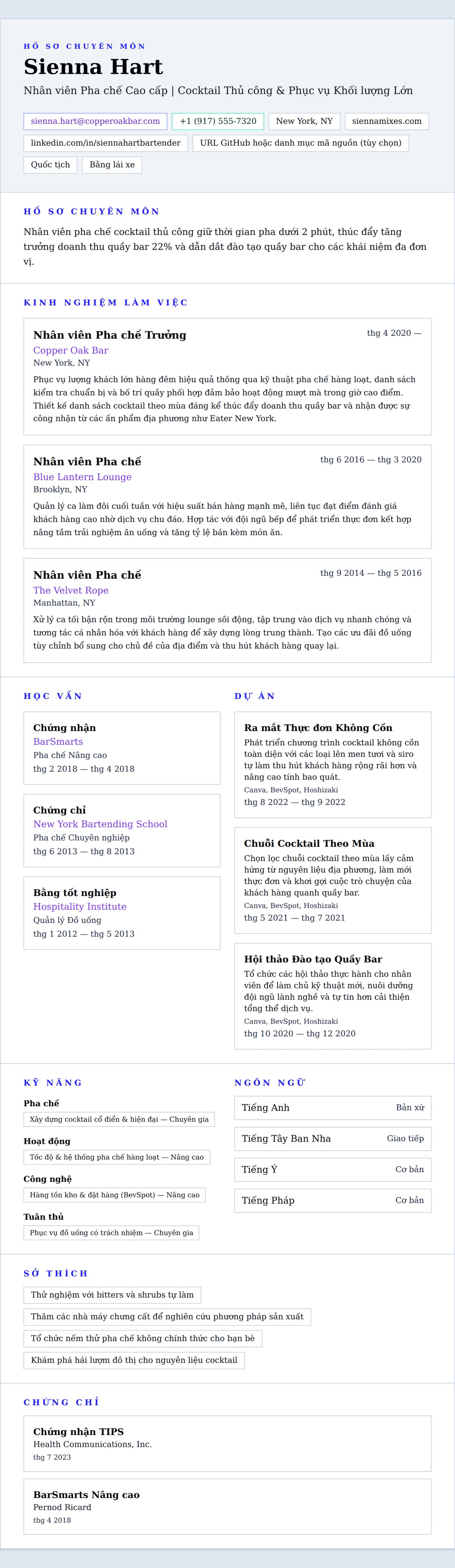 Xem trước CV cho Ví dụ Sơ yếu lý lịch Nhân viên Pha chế