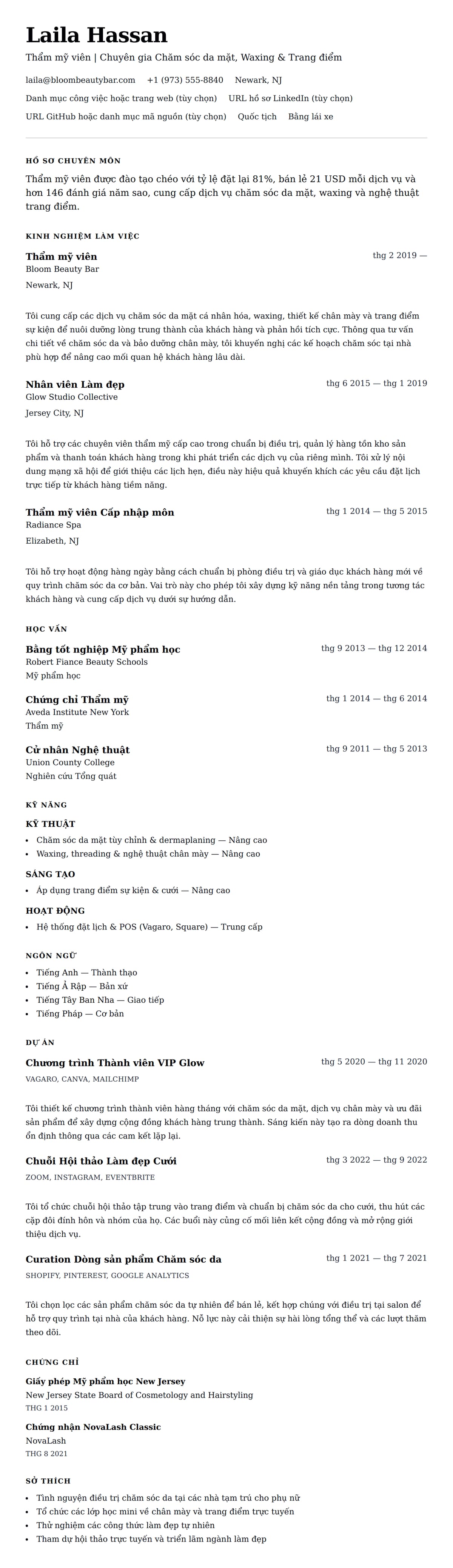 Xem trước CV cho Ví dụ Sơ yếu lý lịch Thẩm mỹ viên