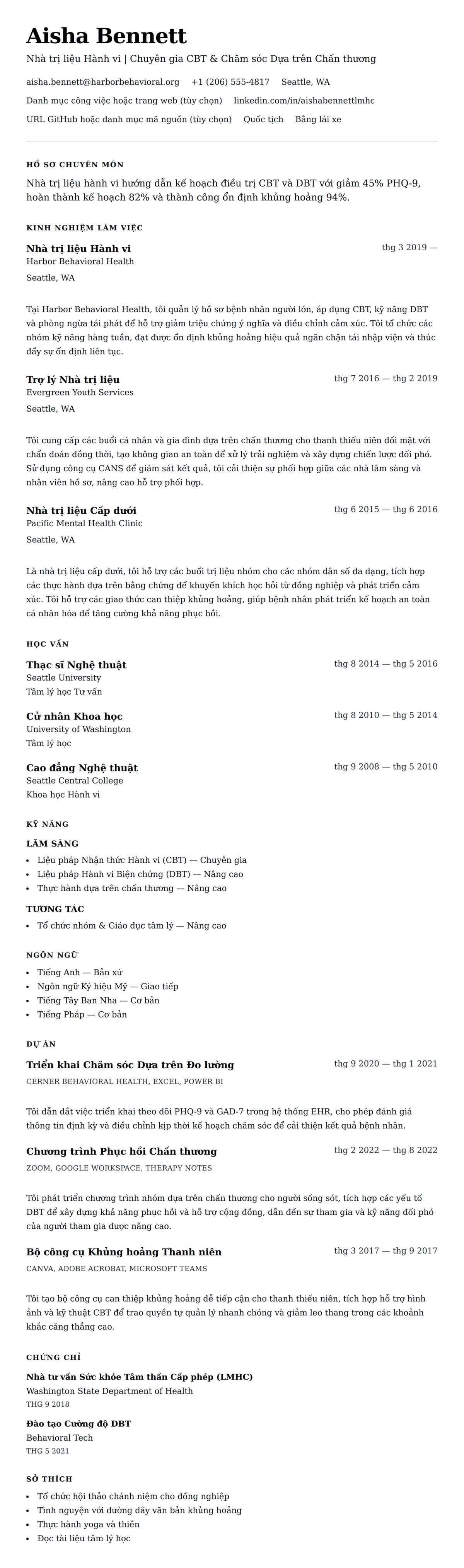 Xem trước CV cho Ví dụ Sơ yếu lý lịch Nhà trị liệu Hành vi